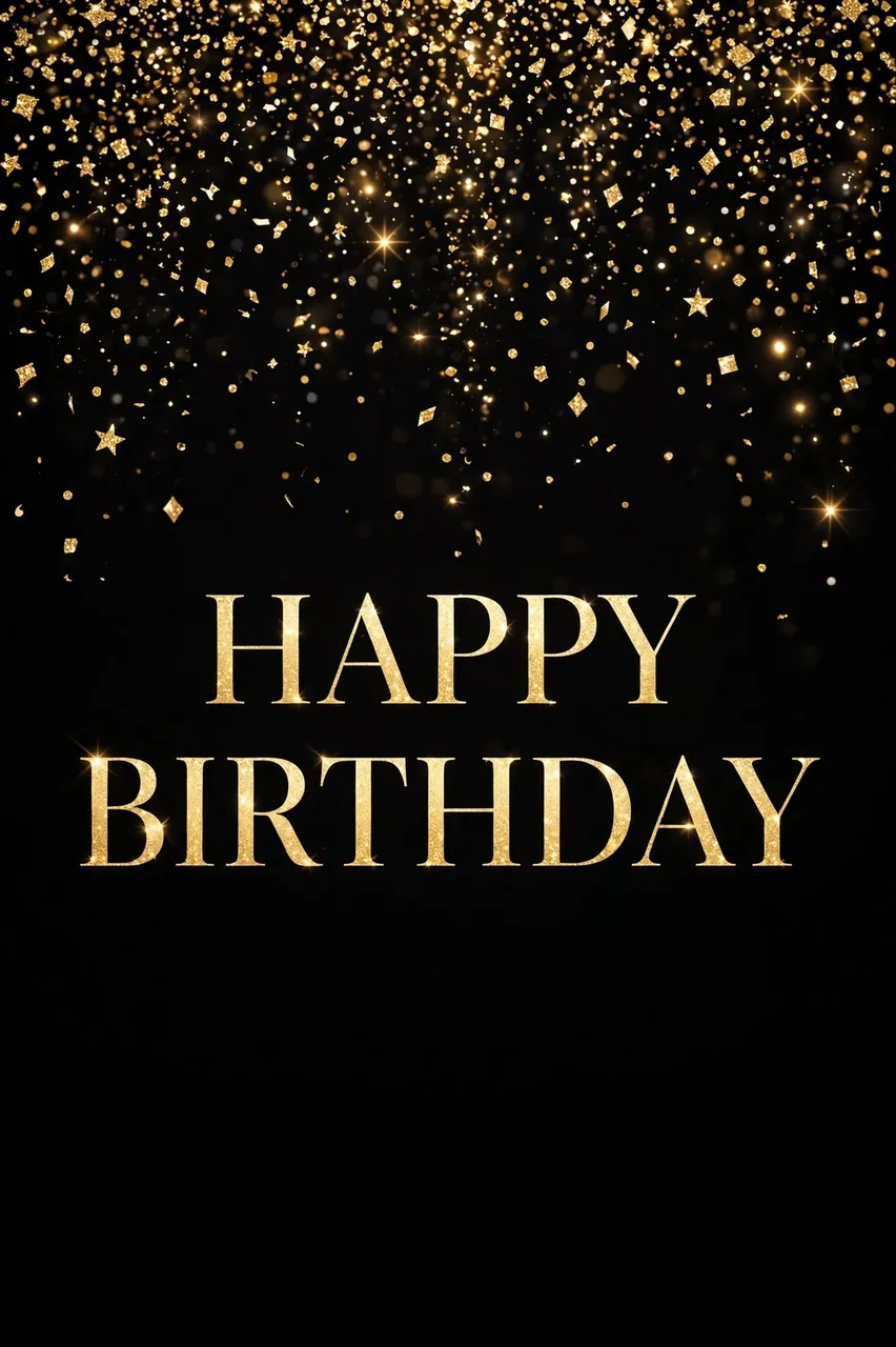 Elegant gold serif 'Happy Birthday' text centered below falling gold glitter confetti on a solid black background