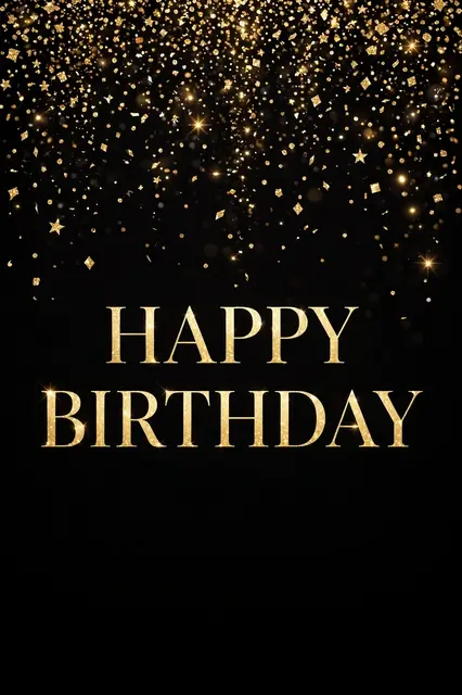 Elegant gold serif 'Happy Birthday' text centered below falling gold glitter confetti on a solid black background