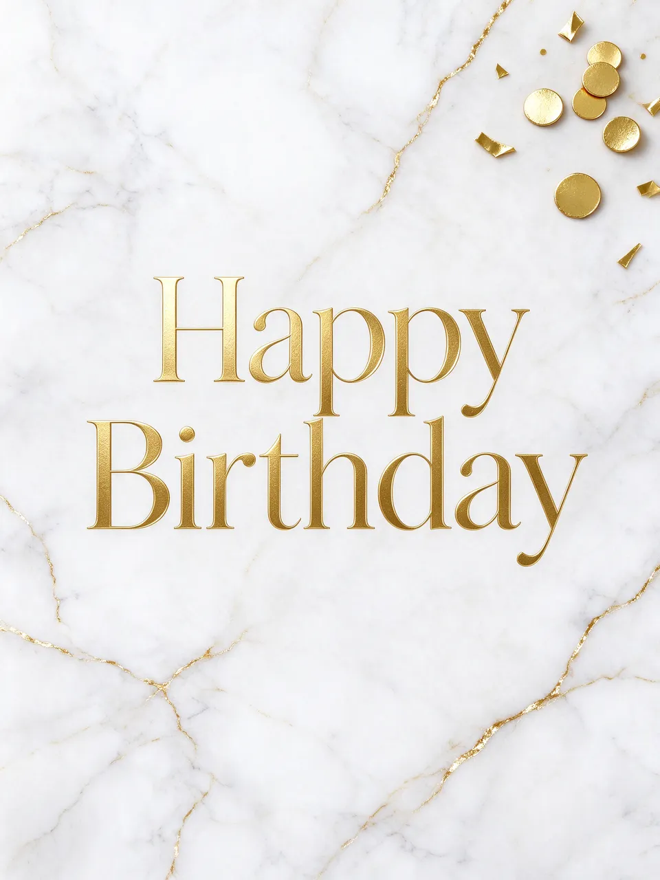 "Happy Birthday" in elegant gold serif lettering centered on white marble with gold veins and top-right gold confetti accents