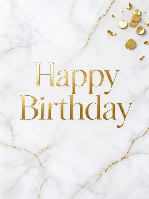 "Happy Birthday" in elegant gold serif lettering centered on white marble with gold veins and top-right gold confetti accents