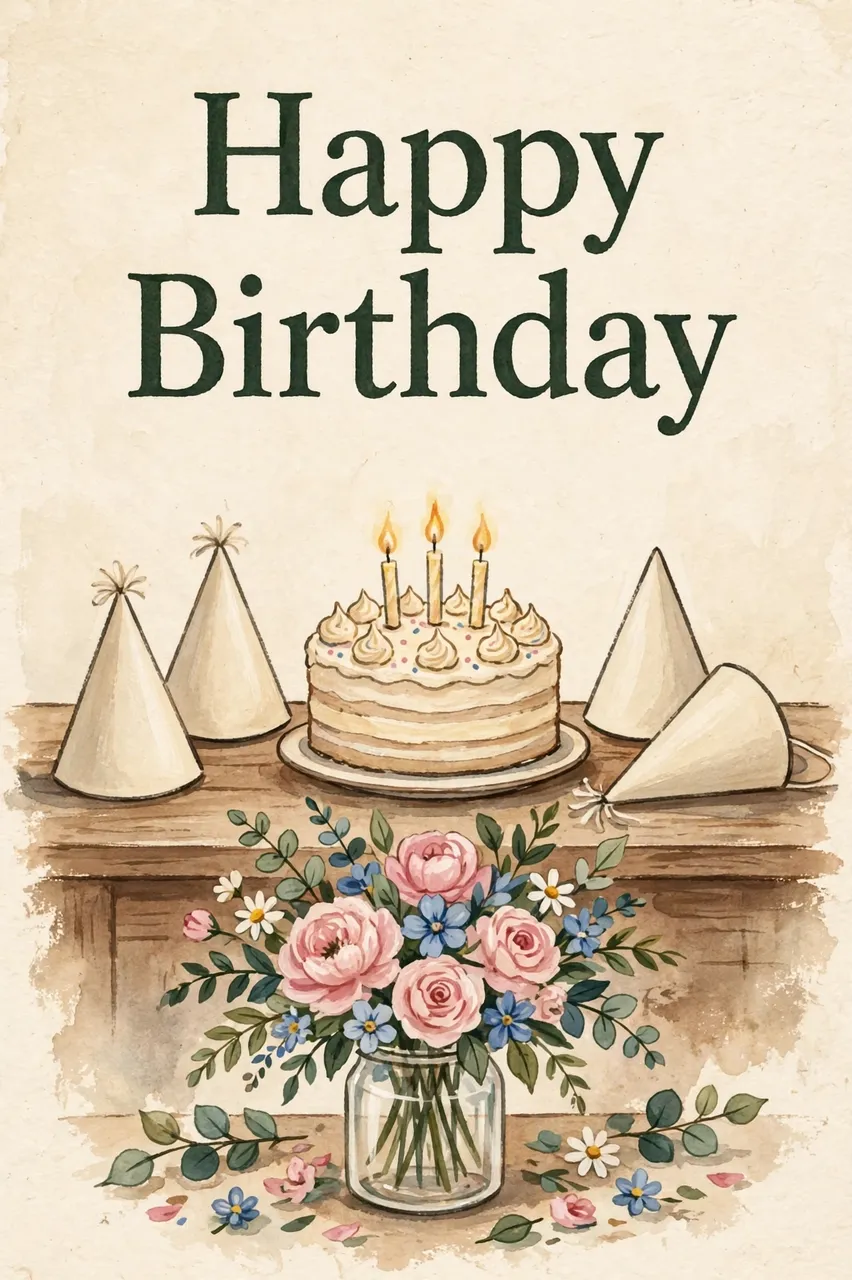 "Happy Birthday" text above a wooden table holding a birthday cake, plain party hats, and a jar of flowers in gouache