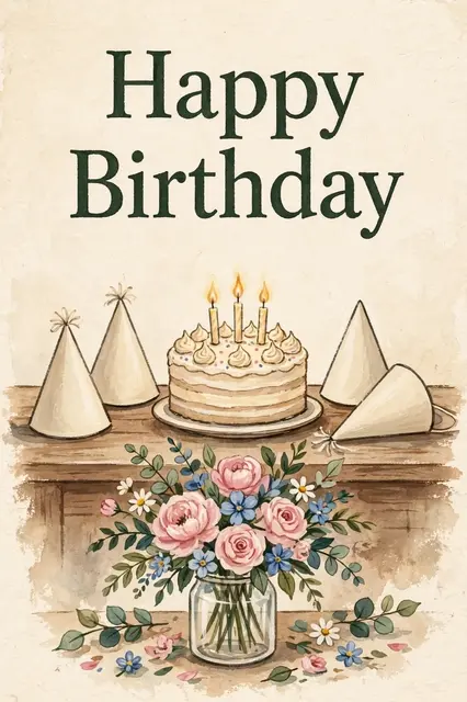 "Happy Birthday" text above a wooden table holding a birthday cake, plain party hats, and a jar of flowers in gouache
