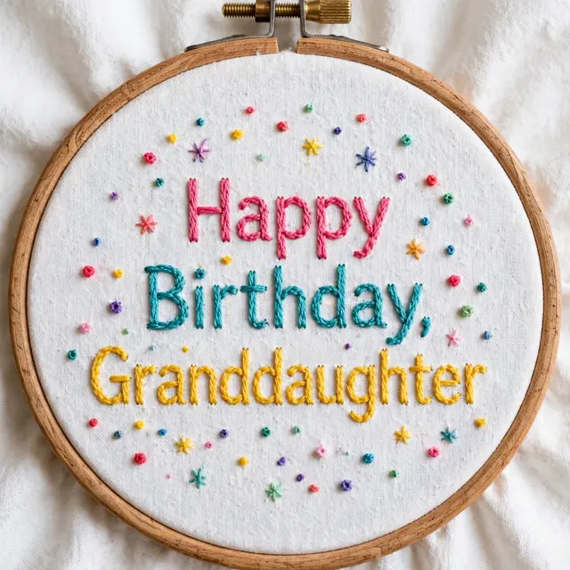 Embroidered "Happy Birthday, Granddaughter" text stitched with colorful confetti dots in a wooden embroidery hoop on white