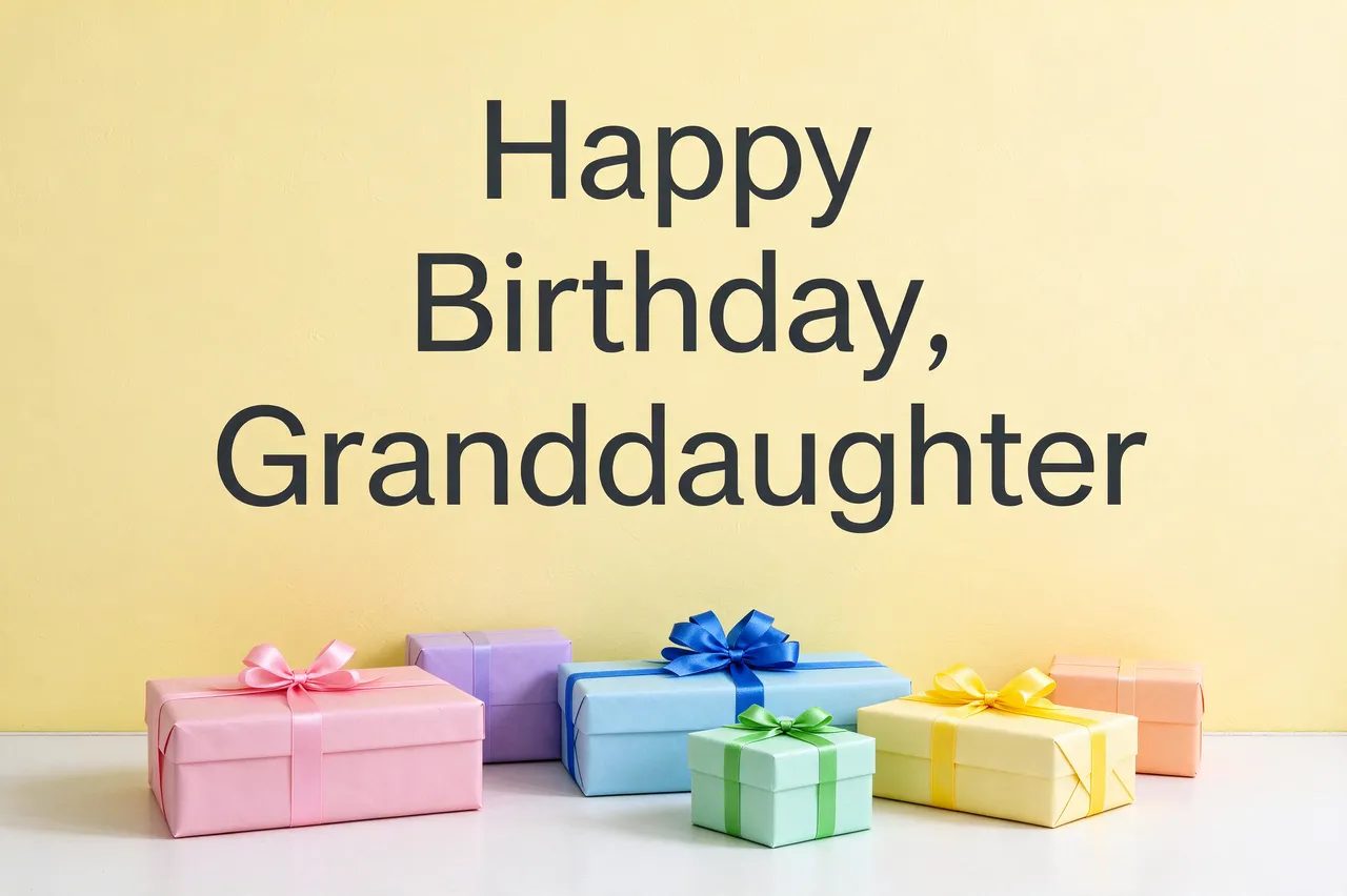 "Happy Birthday, Granddaughter" text displayed above colorful wrapped gift boxes against a pale yellow wall