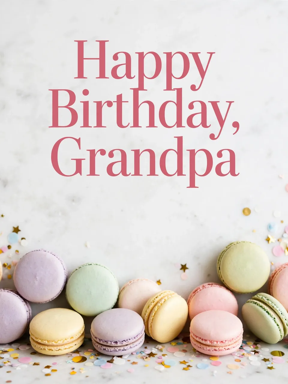 "Happy Birthday, Grandpa" rose pink serif text above pastel macarons and confetti on white marble