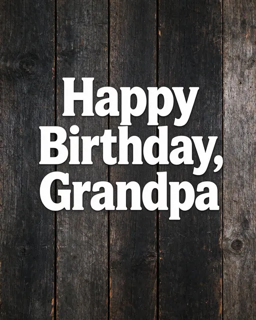 "Happy Birthday, Grandpa" in bold white lettering centered on weathered dark wood planks