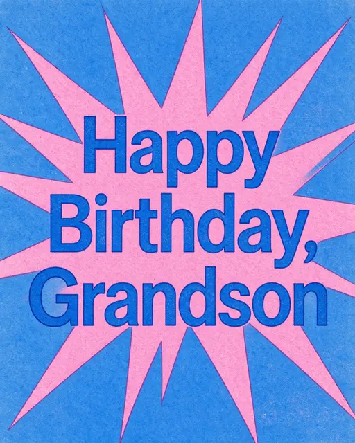 "Happy Birthday, Grandson" bold blue sans-serif text over a pink star burst on grainy blue risograph print background
