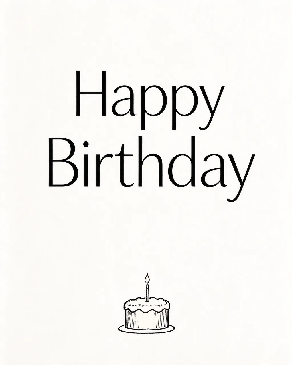 "Happy Birthday" text above a small hand-drawn cake with a single candle on warm white background