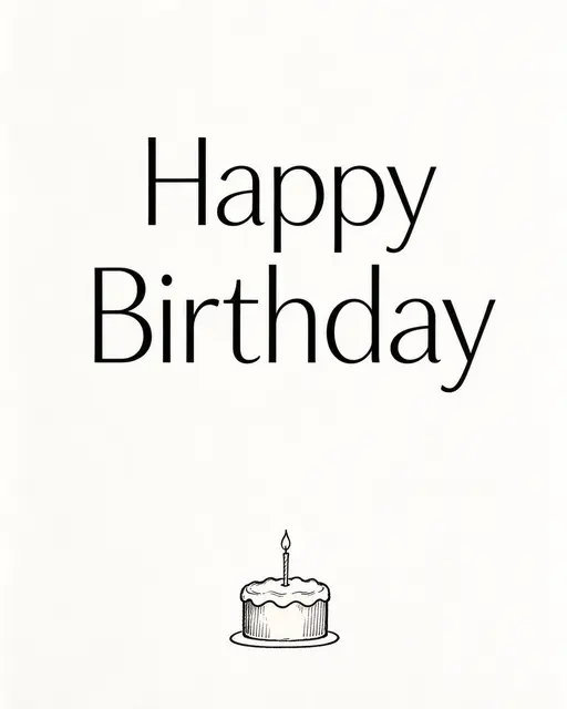 "Happy Birthday" text above a small hand-drawn cake with a single candle on warm white background
