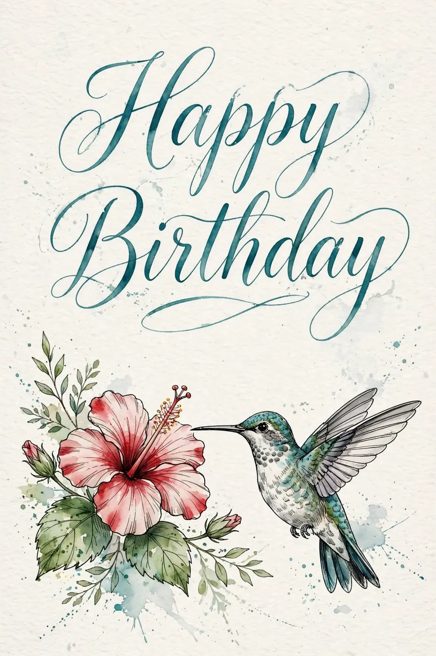 "Happy Birthday" in teal script lettering above a watercolor hummingbird beside a pink hibiscus flower on textured paper.