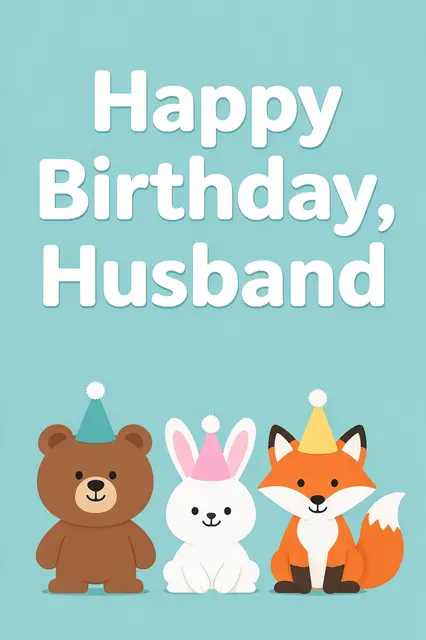 Bold white text reading "Happy Birthday, Husband" sits above a party hat-wearing bear, rabbit, and fox on a pale teal