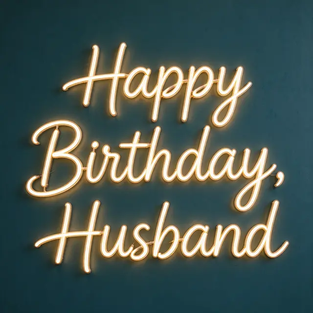 Warm white neon script reading "Happy Birthday, Husband" glows against a solid dark teal wall.