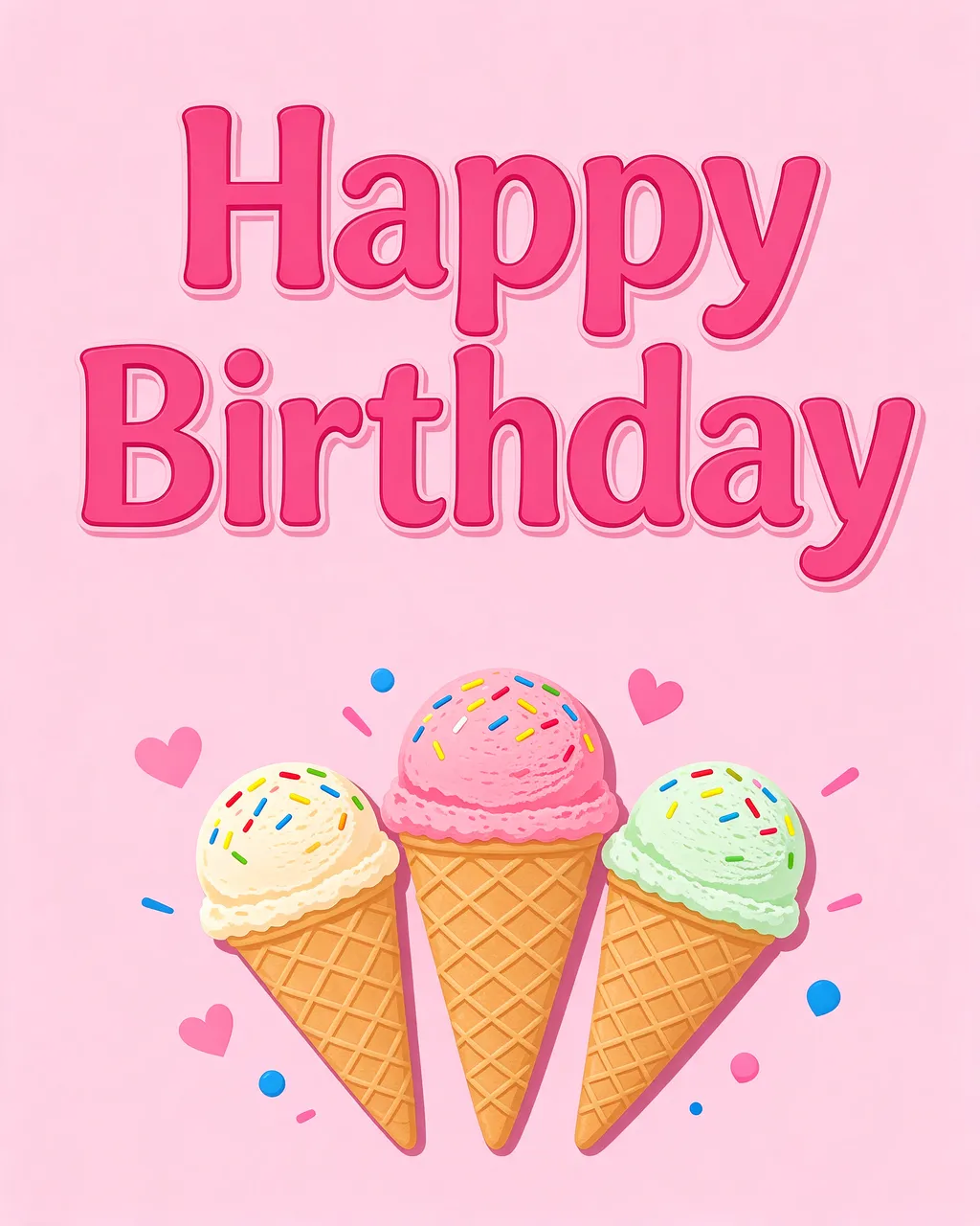 "Happy Birthday" in bold pink rounded type sits above three sprinkled ice cream cones on a pastel pink background