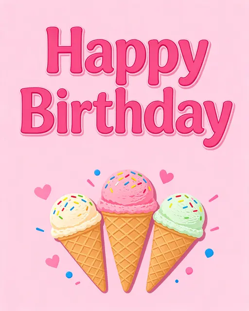 "Happy Birthday" in bold pink rounded type sits above three sprinkled ice cream cones on a pastel pink background