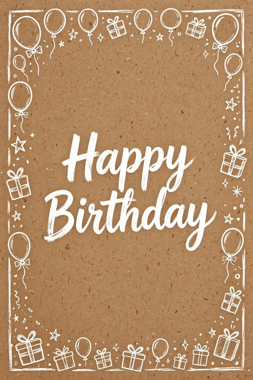 "Happy Birthday" in bold white brush lettering centered on kraft paper surrounded by hand-drawn white doodles of balloons