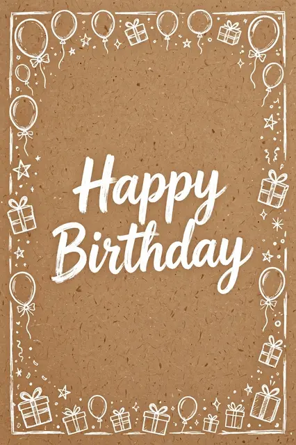 "Happy Birthday" in bold white brush lettering centered on kraft paper surrounded by hand-drawn white doodles of balloons