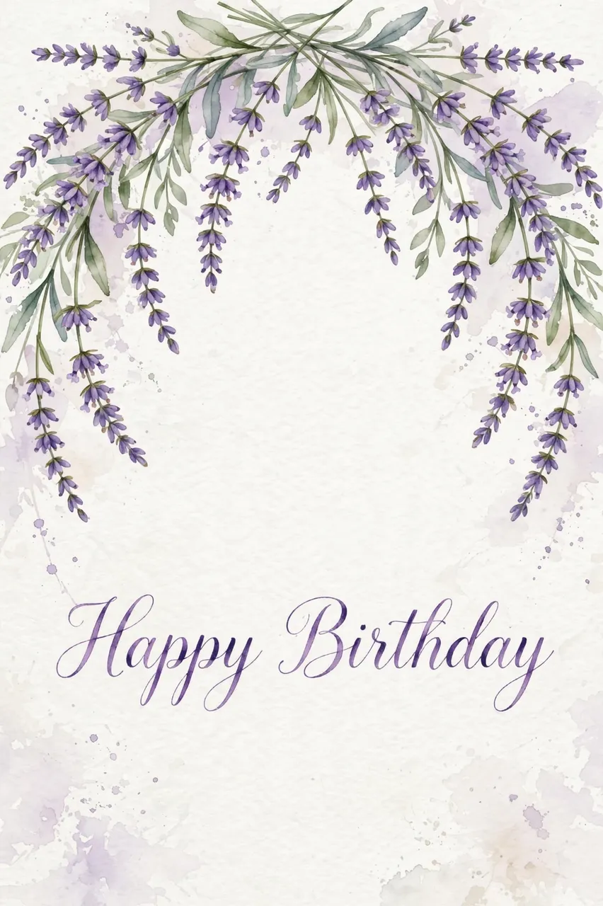 Watercolor arched lavender sprigs frame the text "Happy Birthday" in delicate purple script on a soft textured background