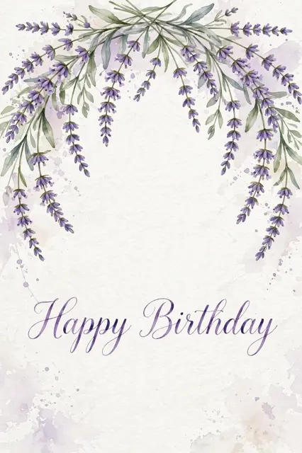 Watercolor arched lavender sprigs frame the text "Happy Birthday" in delicate purple script on a soft textured background
