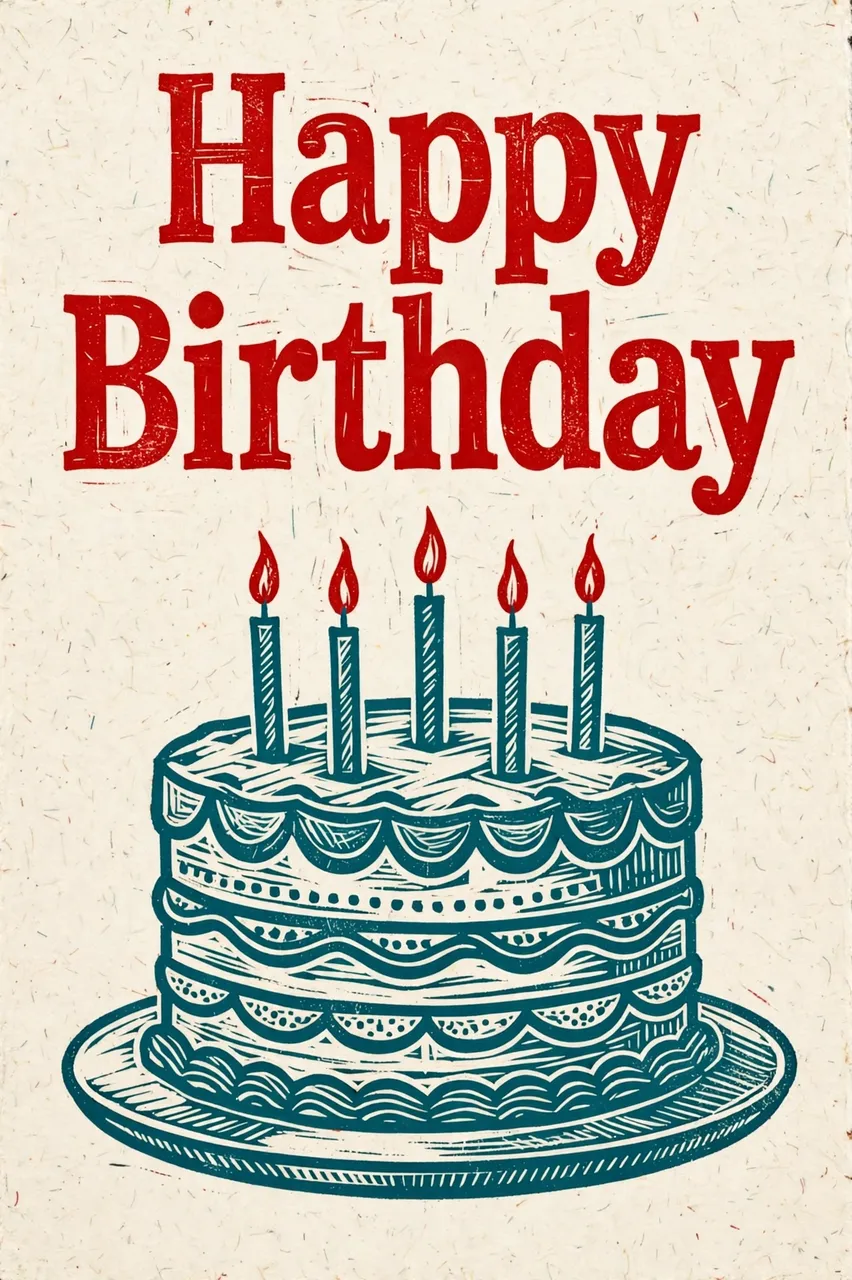 "Happy Birthday" text above a teal linocut birthday cake with lit candles on a textured off-white background
