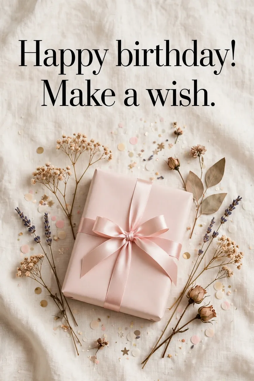 Flat lay of a blush wrapped gift with dried flowers and confetti on cream linen, with text "Happy birthday! Make a wish."