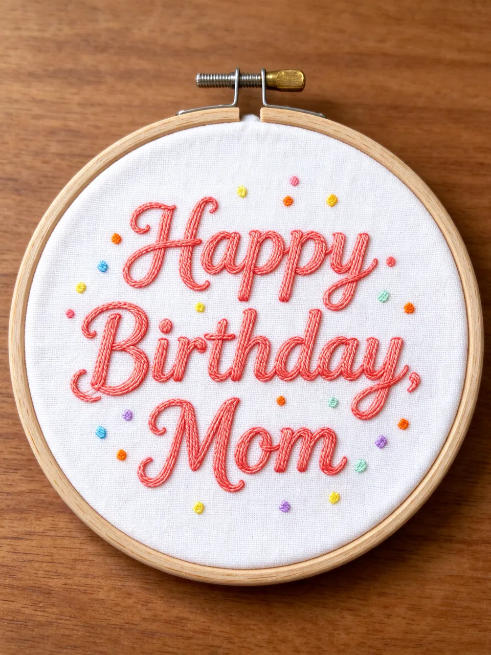 Wooden embroidery hoop holding white cotton with stitched red 'Happy Birthday, Mom' lettering and tiny colorful confetti
