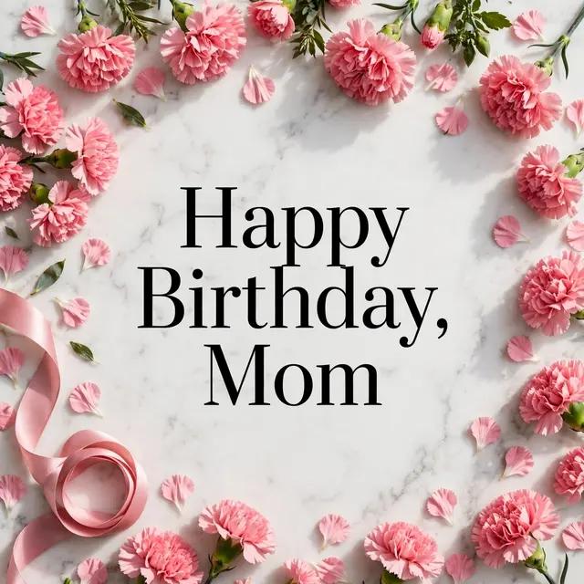 "Happy Birthday, Mom" in black serif text centered on a white marble surface framed by pink carnations, scattered petals and