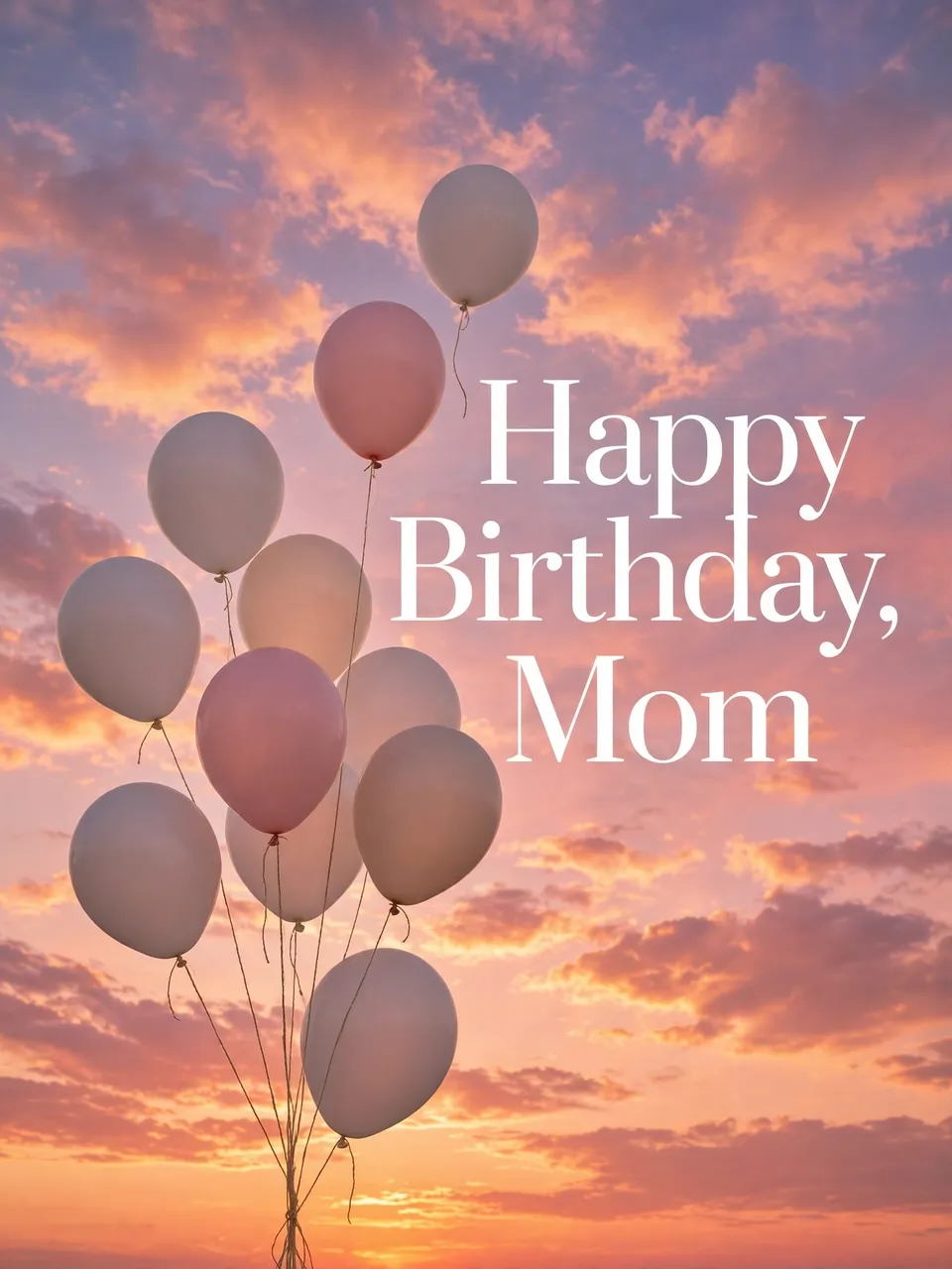 "Happy Birthday, Mom" in white serif text beside floating pastel balloons against a pink and orange sunset sky