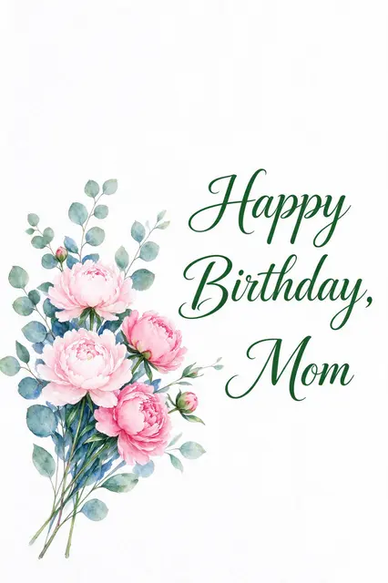 "Happy Birthday, Mom" in deep green script next to a lower left watercolor bouquet of pink peonies and eucalyptus on white
