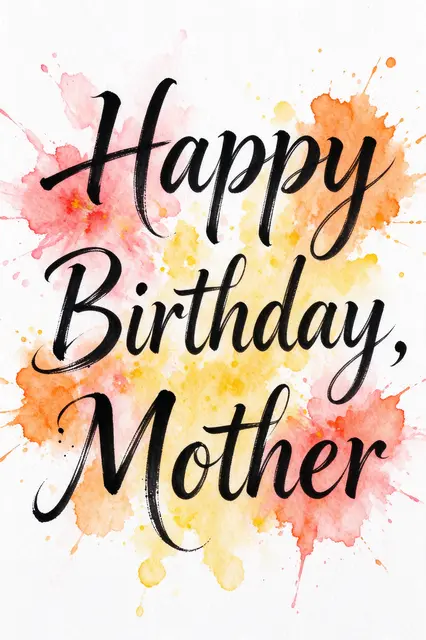 Black brush calligraphy reading "Happy Birthday, Mother" over soft pink, orange, and yellow watercolor splashes on white