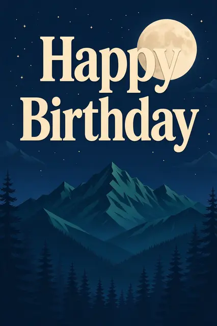"Happy Birthday" in bold cream type over a teal pine and mountain night sky with a full moon