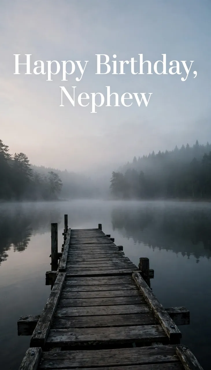 "Happy Birthday, Nephew" text over a weathered wooden dock on a misty still lake at dawn