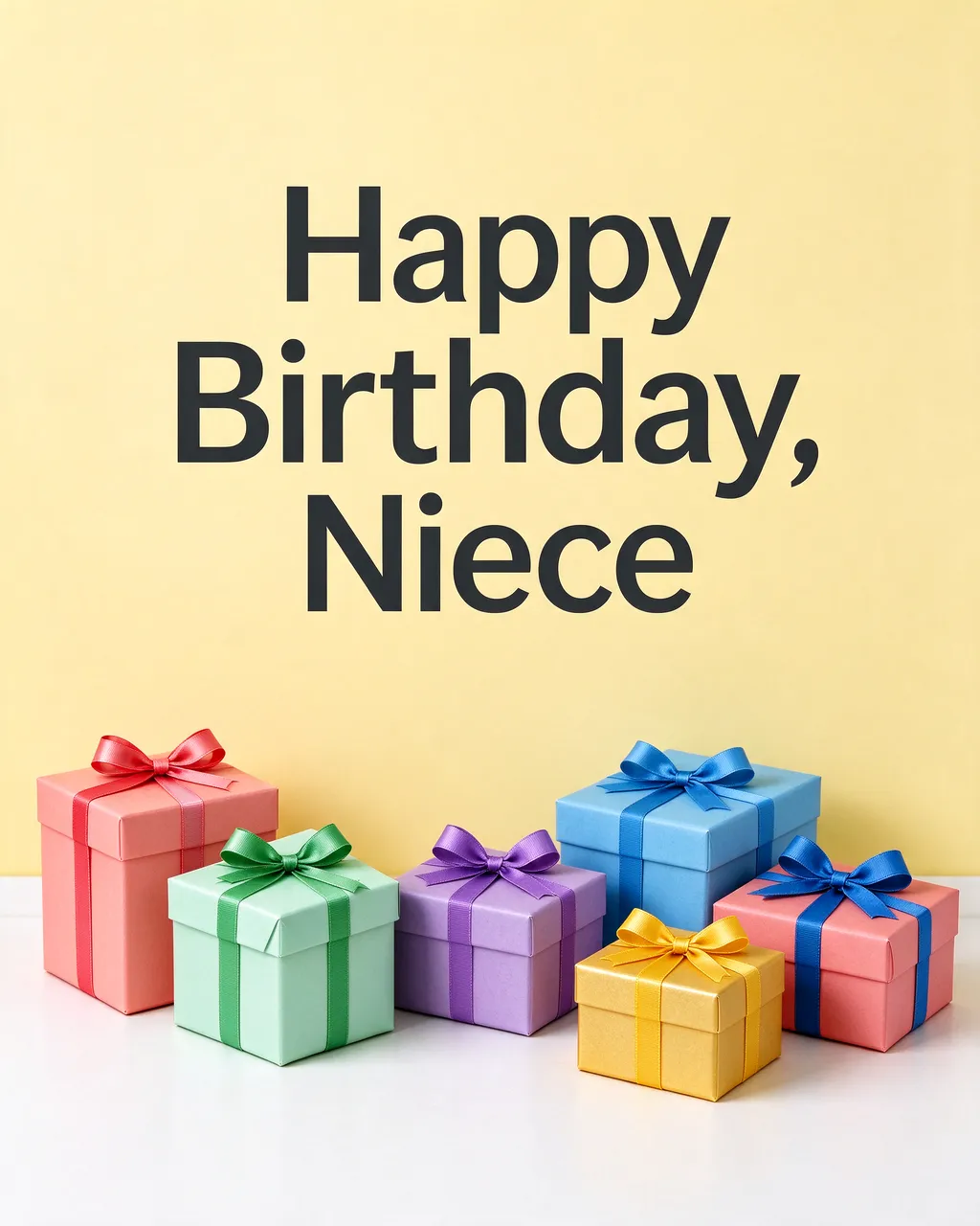 "Happy Birthday, Niece" text above colorful ribbon-wrapped gift boxes against a pale yellow wall on a white surface