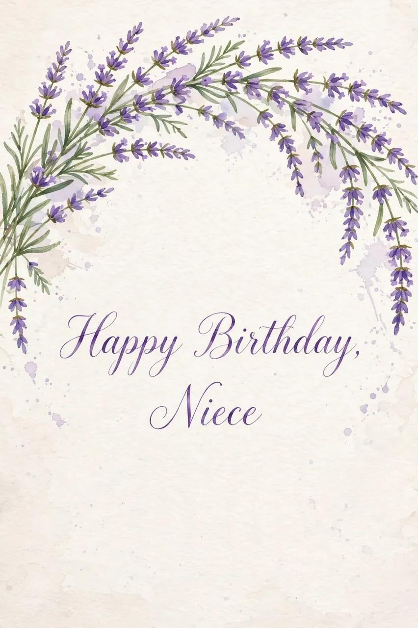 Watercolor illustration with arching lavender sprigs and purple script reading "Happy Birthday, Niece" on textured off-white