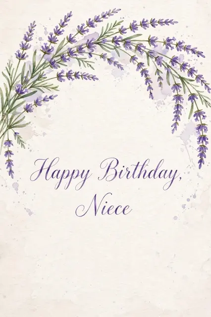 Watercolor illustration with arching lavender sprigs and purple script reading "Happy Birthday, Niece" on textured off-white