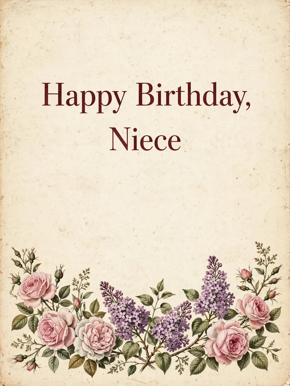 "Happy Birthday, Niece" in burgundy serif text above a vintage rose and lilac border on aged cream paper.