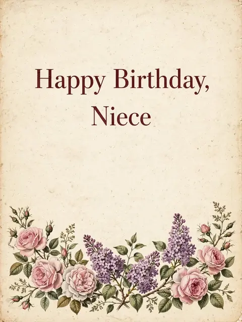 "Happy Birthday, Niece" in burgundy serif text above a vintage rose and lilac border on aged cream paper.