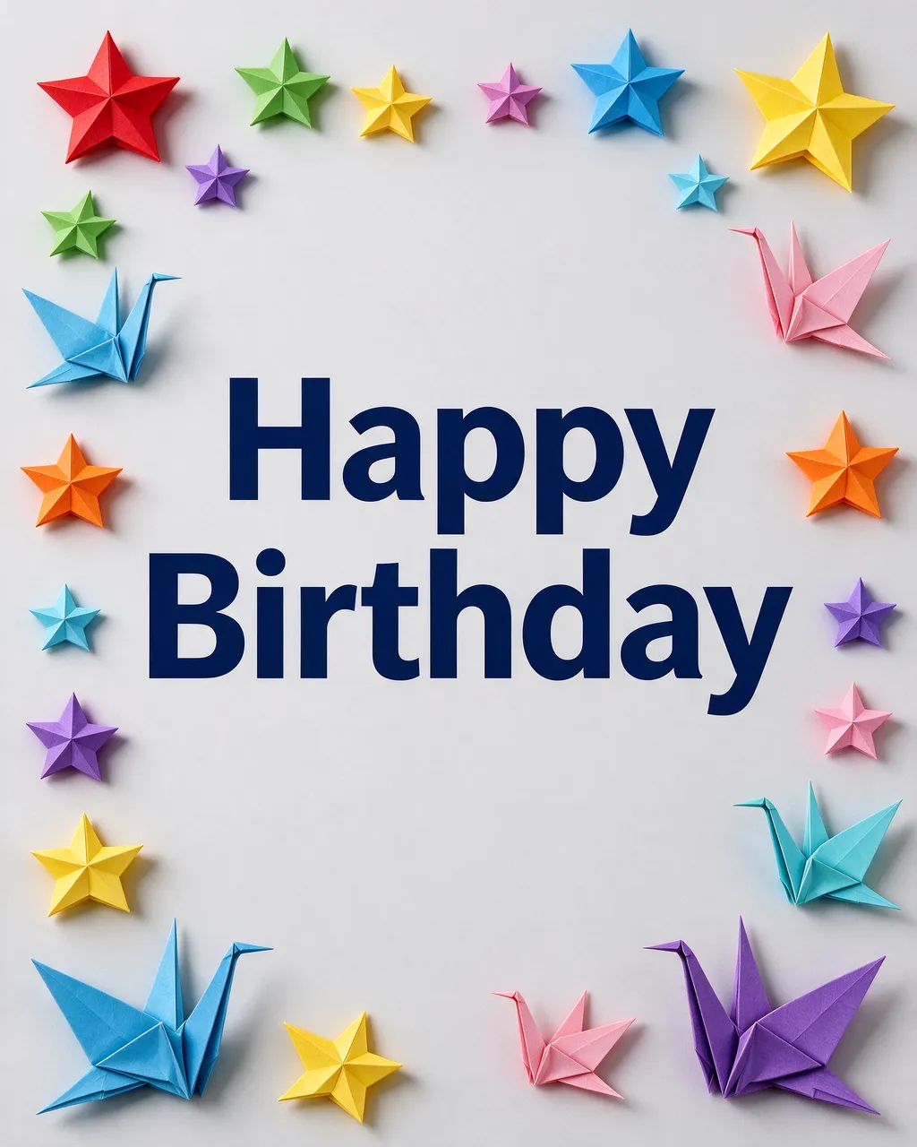 "Happy Birthday" in bold navy text centered on a pale gray background framed by bright colorful origami stars and cranes