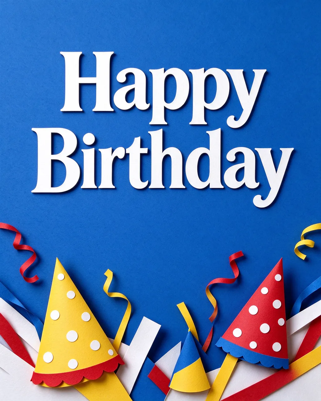 "Happy Birthday" text appears in white layered lettering above paper cut party hats and streamers on a royal blue background