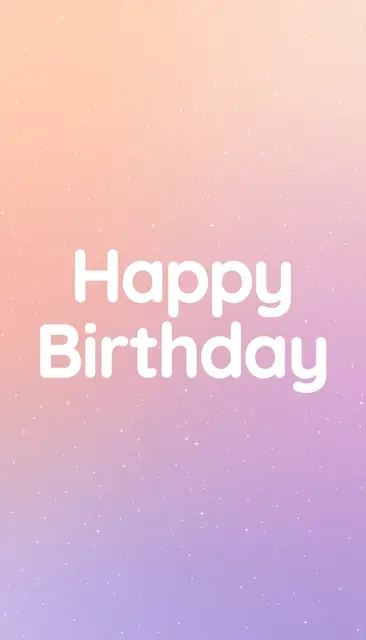 "Happy Birthday" in rounded white type centered over a soft peach to lilac gradient dotted with tiny white stars