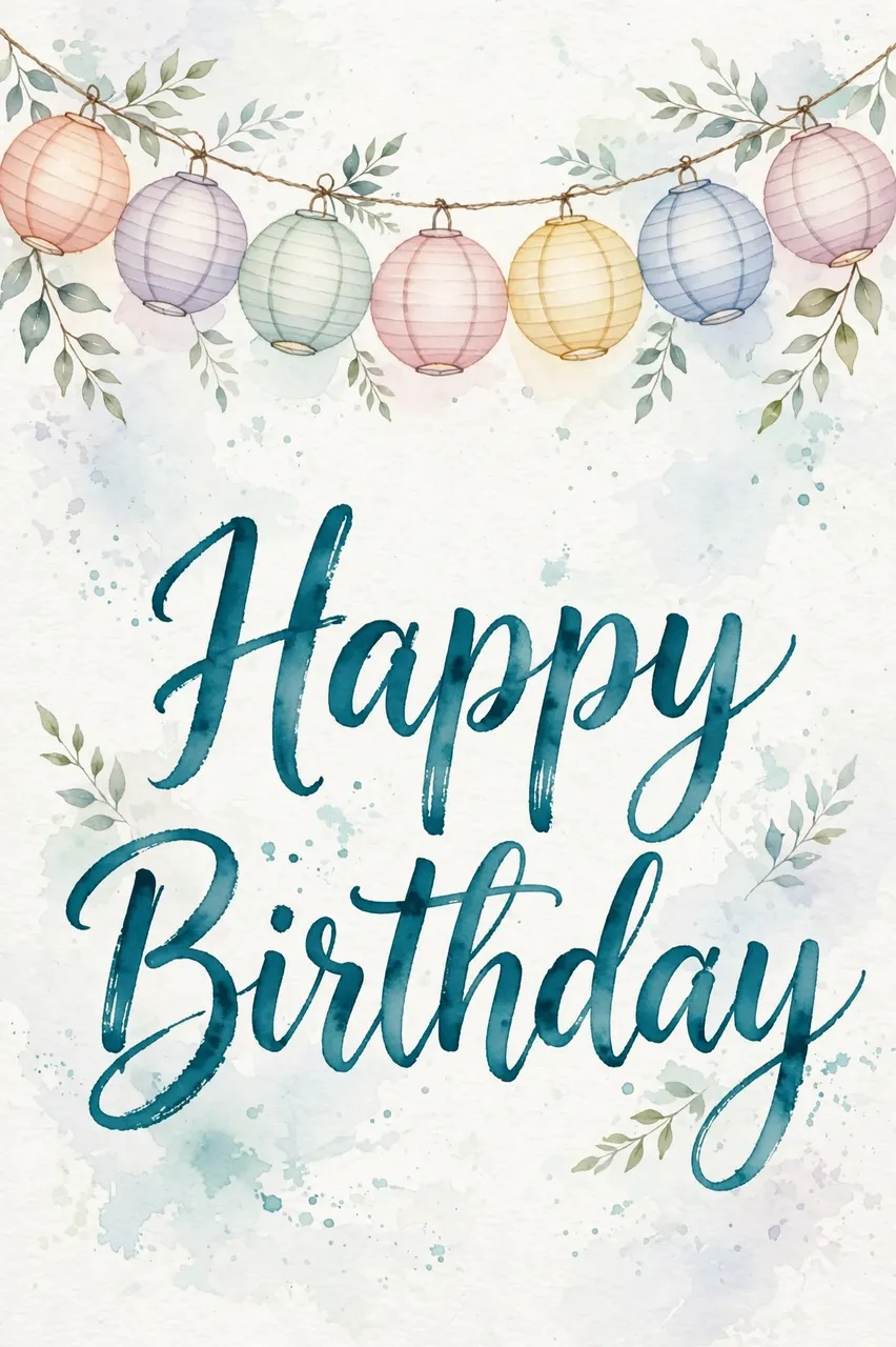 "Happy Birthday" teal brush script sits below a string of pastel watercolor paper lanterns with delicate leaf accents