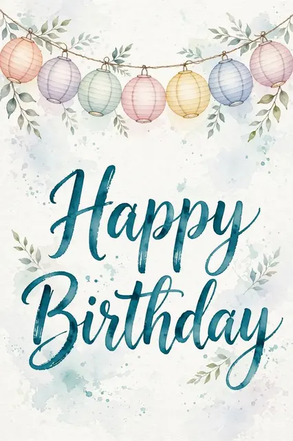 "Happy Birthday" teal brush script sits below a string of pastel watercolor paper lanterns with delicate leaf accents