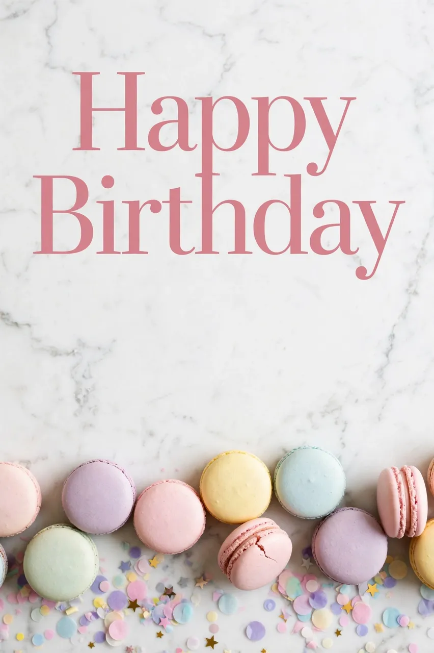 "Happy Birthday" in rose pink serif type above pastel macarons and scattered confetti on a white marble surface