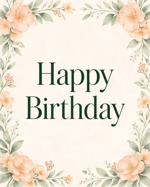 "Happy Birthday" in dark green serif text framed by a watercolor pastel peach and sage floral border on a cream background