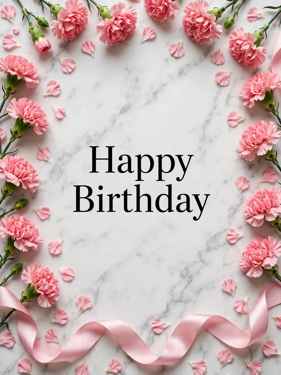 "Happy Birthday" in black serif type, framed by pink carnations, petals, and satin ribbon on white marble.