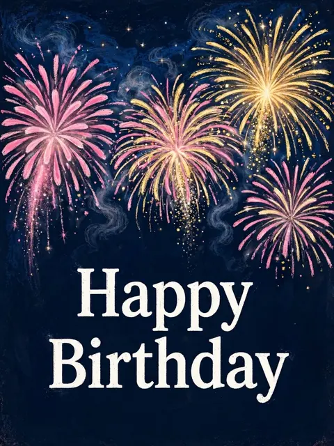 "Happy Birthday" text sits centered below pink and gold chalk pastel fireworks on a navy night sky.