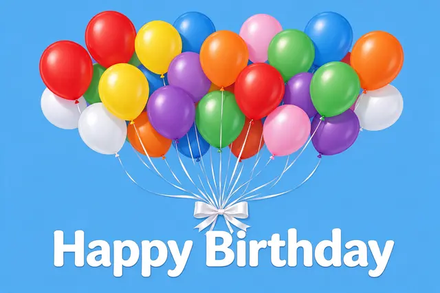 Centered bold white "Happy Birthday" text sits below a bunch of rainbow balloons tied with a white bow against a bright sky