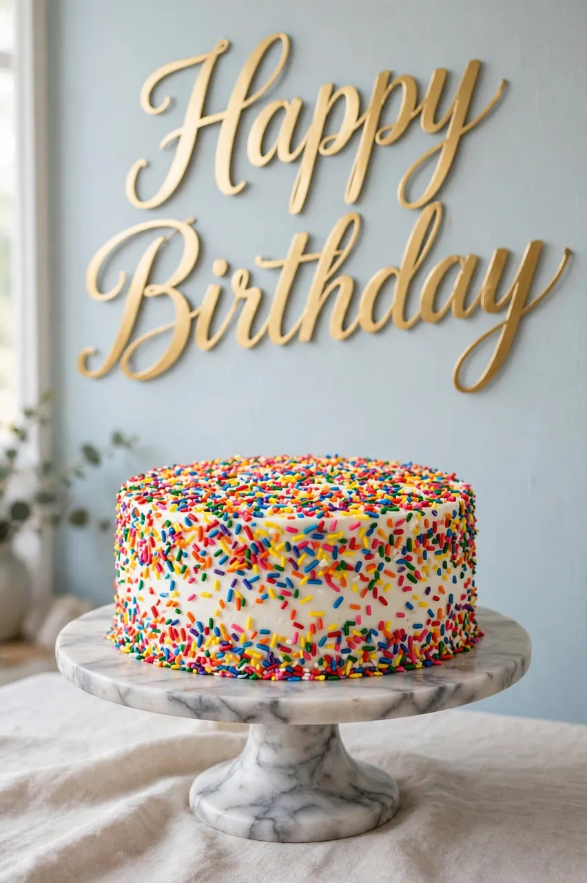 "Happy Birthday" gold script lettering above a white frosted rainbow sprinkle cake on a marble stand against a pale blue wall
