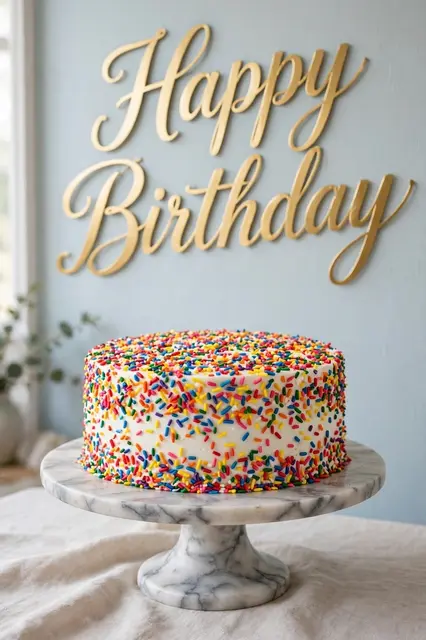 "Happy Birthday" gold script lettering above a white frosted rainbow sprinkle cake on a marble stand against a pale blue wall