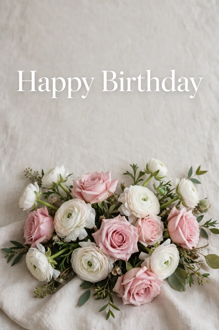 "Happy Birthday" serif text above a bouquet of pink roses and white ranunculus resting on pale linen