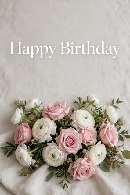 "Happy Birthday" serif text above a bouquet of pink roses and white ranunculus resting on pale linen
